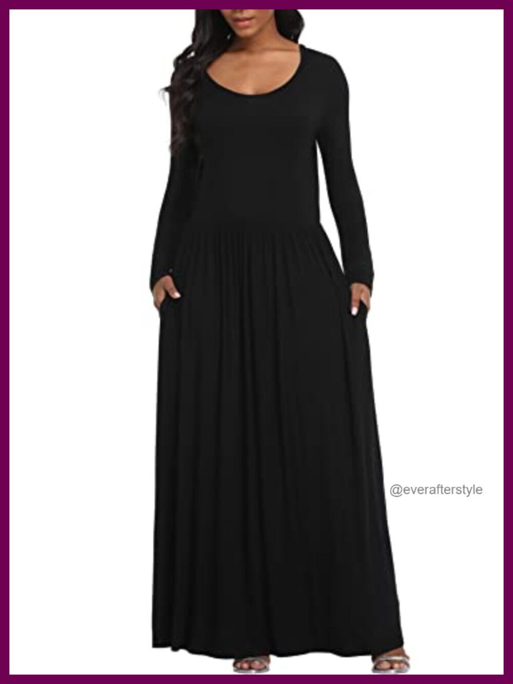 Women's Long Sleeve Maxi Dress with Pockets - Casual A-Line Scoop Neck - Picture 4 of 6